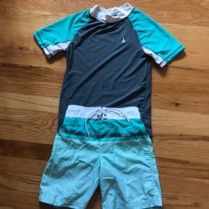 Boys Swim Shirt and swim trunk grey and mint green